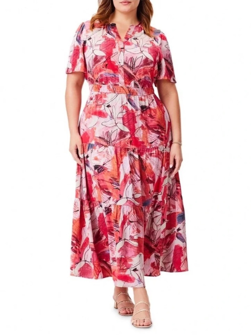NIC + ZOE Scribble Bouquet Daydream Floral Pink Flowy Midi Dress Wedding Guest